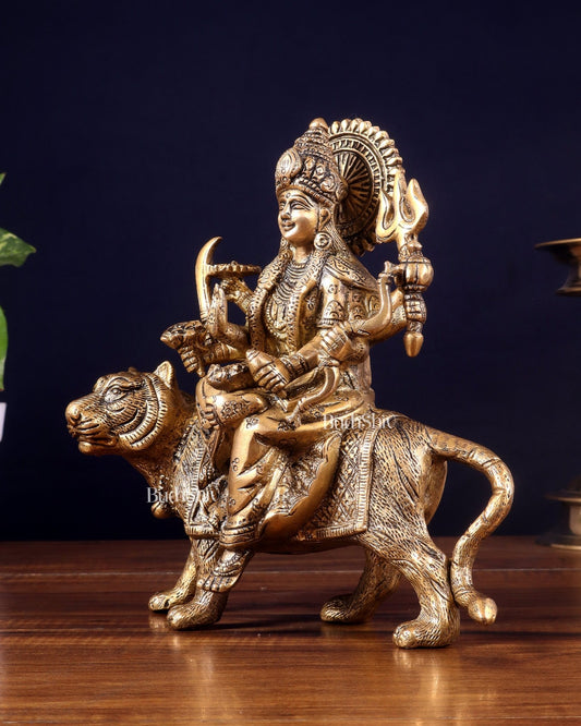 Pure Brass Goddess Durga on tiger Idol - 9" | - Budhshiv.com