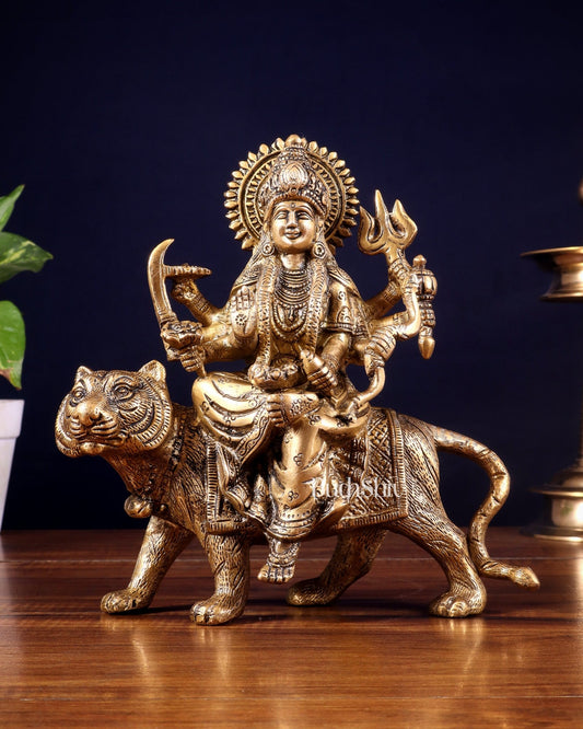 Pure Brass Goddess Durga on tiger Idol - 9" | - Budhshiv.com