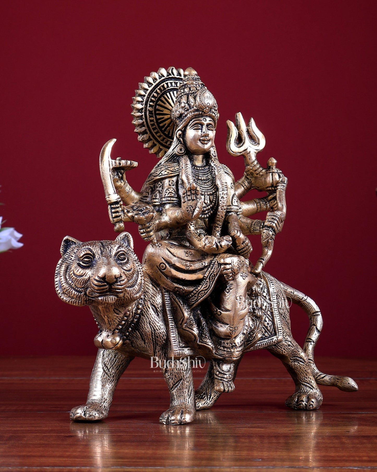 Pure Brass Goddess Durga on tiger Idol - 9" | matte finish - Budhshiv.com