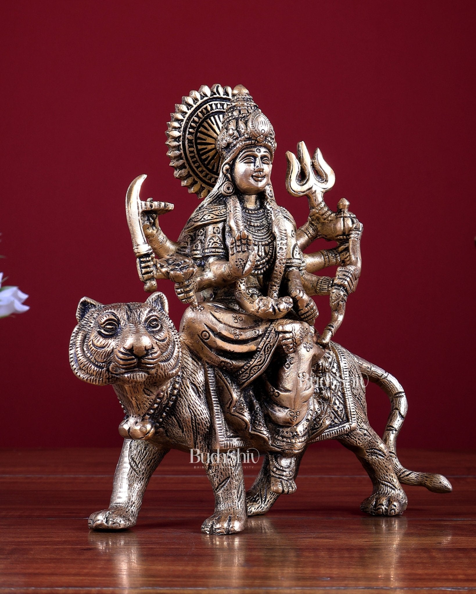 Pure Brass Goddess Durga on tiger Idol - 9" | matte finish - Budhshiv.com