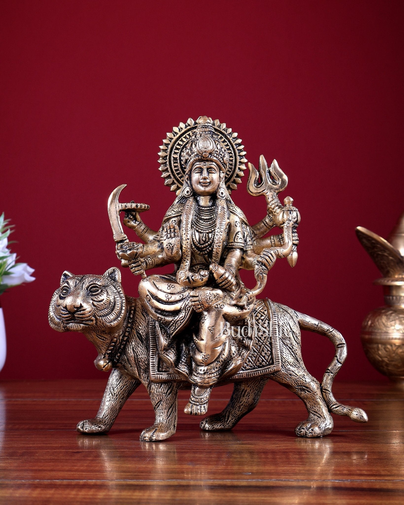 Pure Brass Goddess Durga on tiger Idol - 9" | matte finish - Budhshiv.com