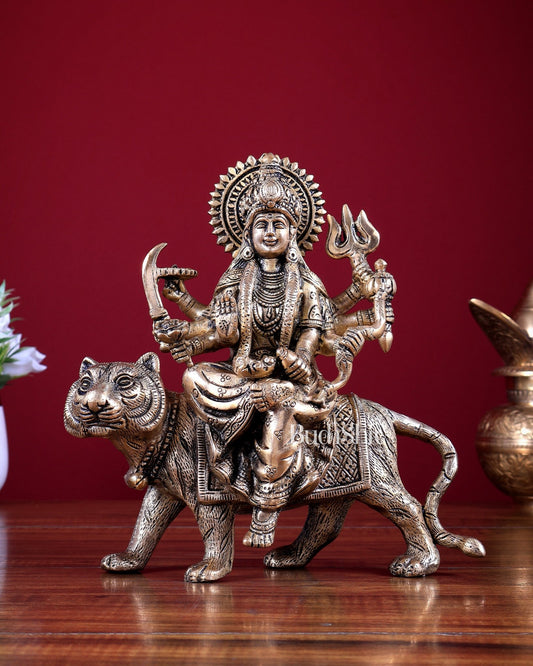 Pure Brass Goddess Durga on tiger Idol - 9" | matte finish - Budhshiv.com