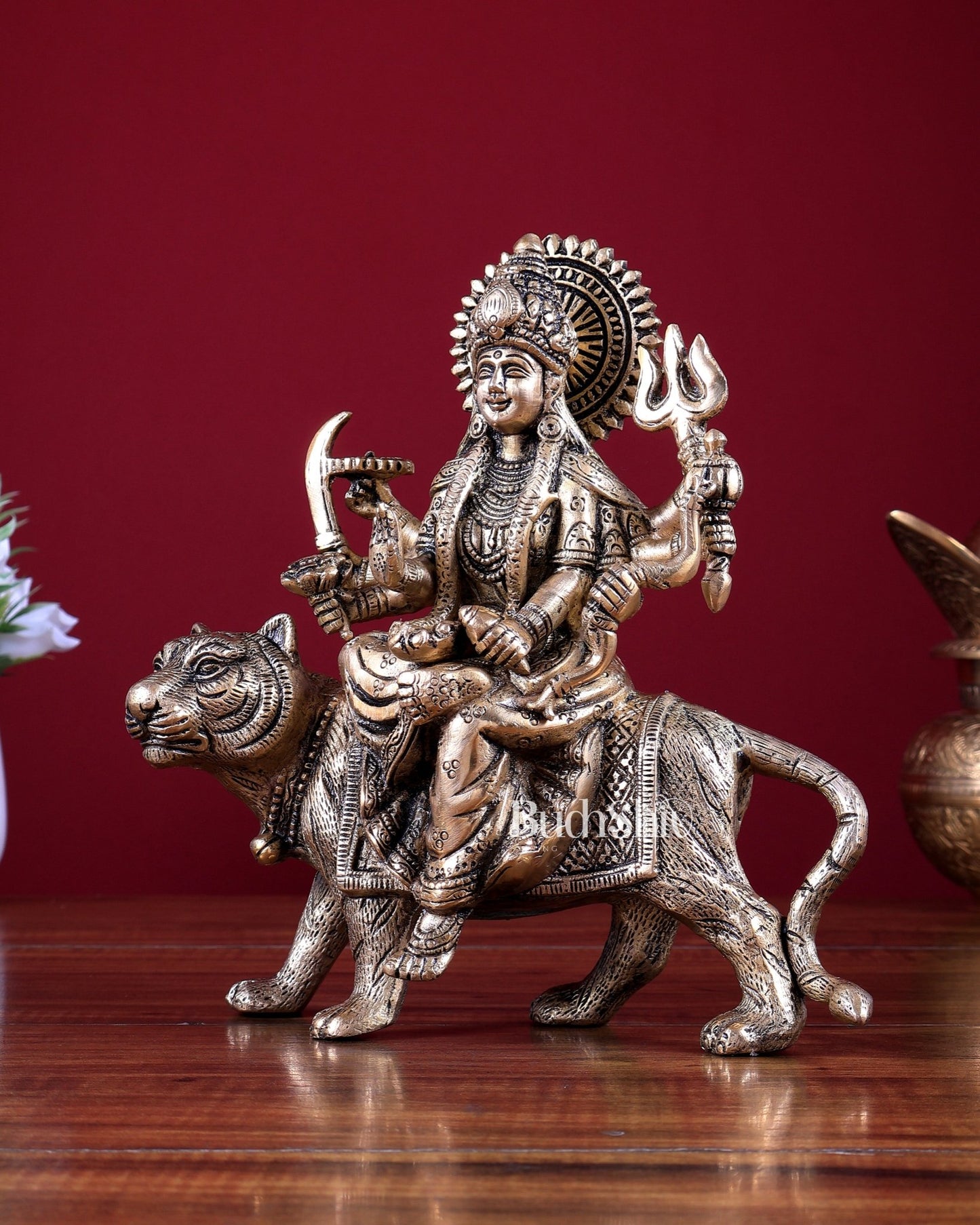 Pure Brass Goddess Durga on tiger Idol - 9" | matte finish - Budhshiv.com