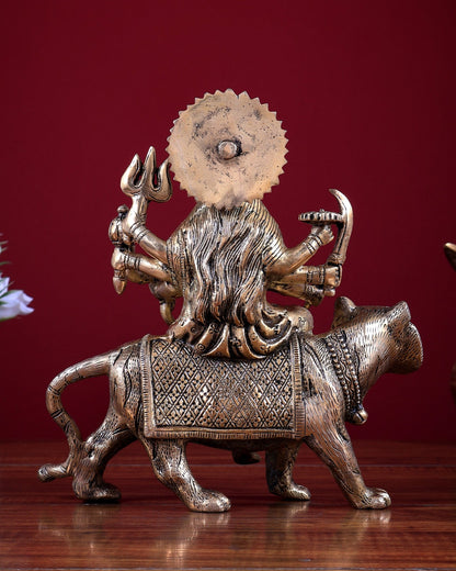 Pure Brass Goddess Durga on tiger Idol - 9" | matte finish - Budhshiv.com