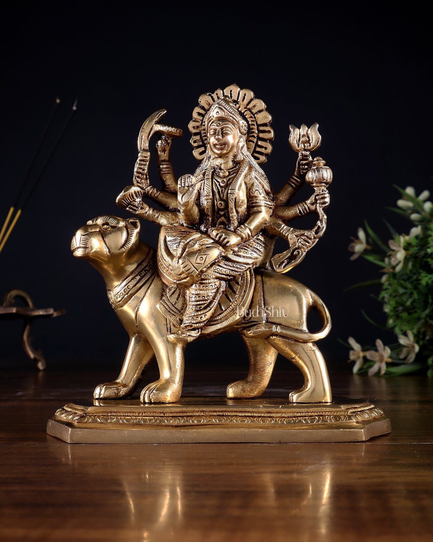 Pure Brass Goddess Durga Seated on Tiger Idol with Base – 5.5” - Budhshiv.com