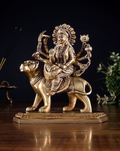 Pure Brass Goddess Durga Seated on Tiger Idol with Base – 5.5” - Budhshiv.com
