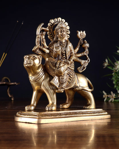Pure Brass Goddess Durga Seated on Tiger Idol with Base – 5.5” - Budhshiv.com