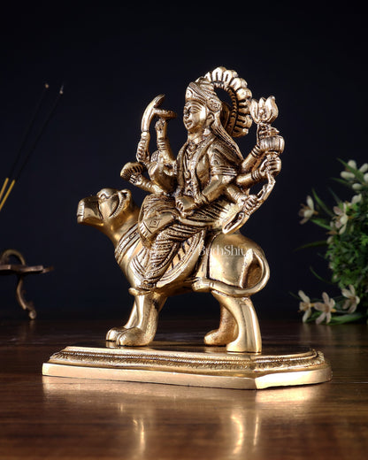 Pure Brass Goddess Durga Seated on Tiger Idol with Base – 5.5” - Budhshiv.com