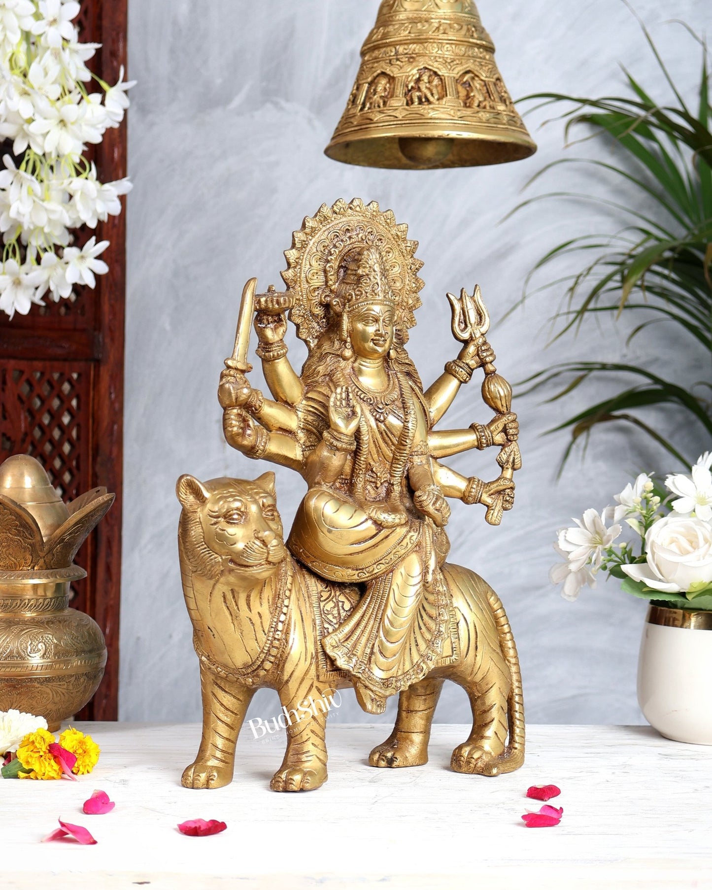 Pure Brass Goddess Durga Sherawali Mata on Tiger 12 inch - Budhshiv.com