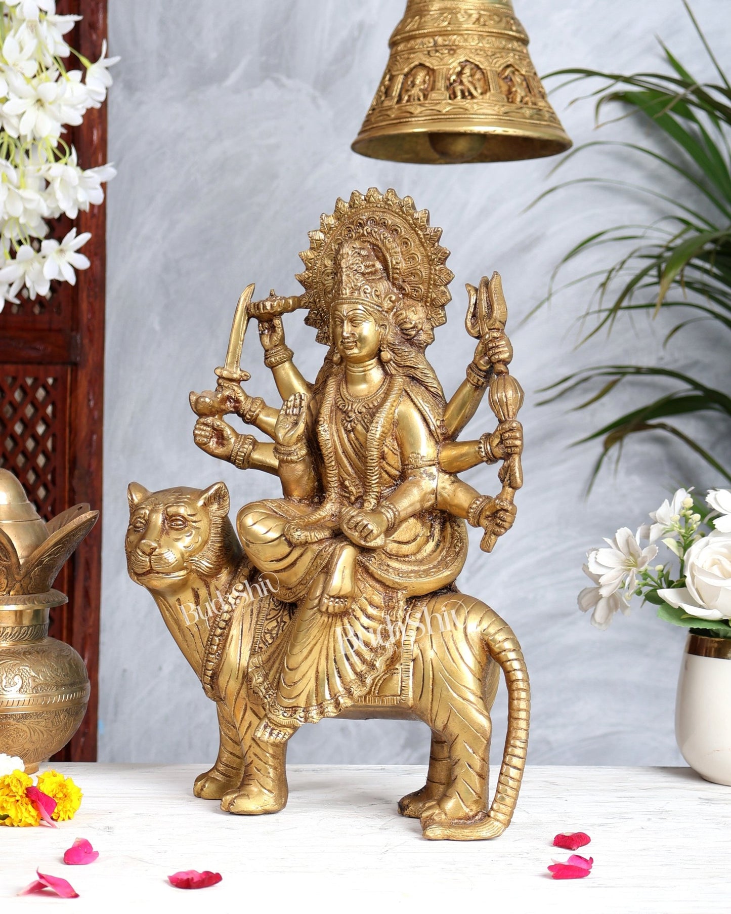 Pure Brass Goddess Durga Sherawali Mata on Tiger 12 inch - Budhshiv.com