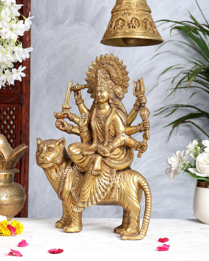 Pure Brass Goddess Durga Sherawali Mata on Tiger 12 inch - Budhshiv.com