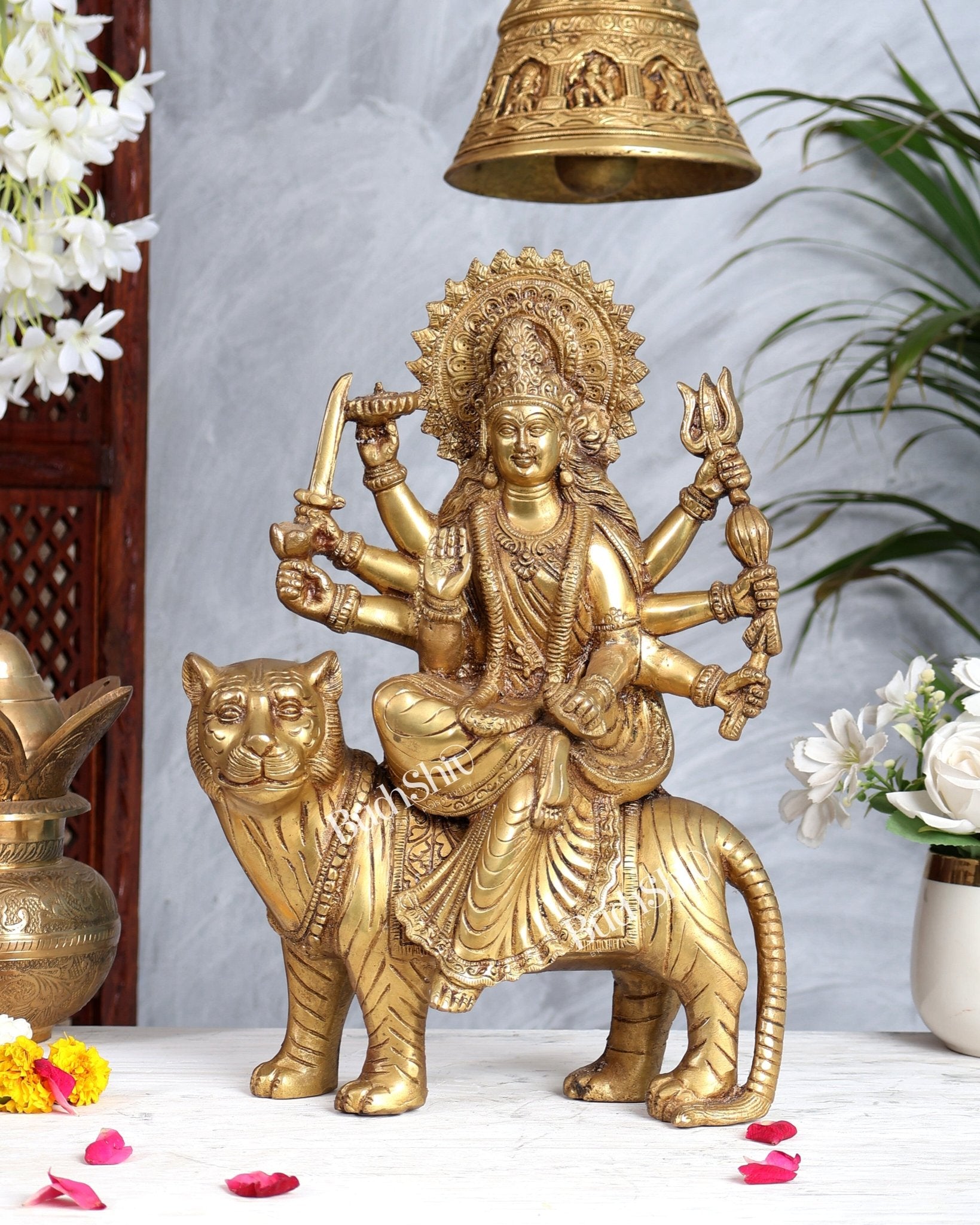 Pure Brass Goddess Durga Sherawali Mata on Tiger 12 inch - Budhshiv.com