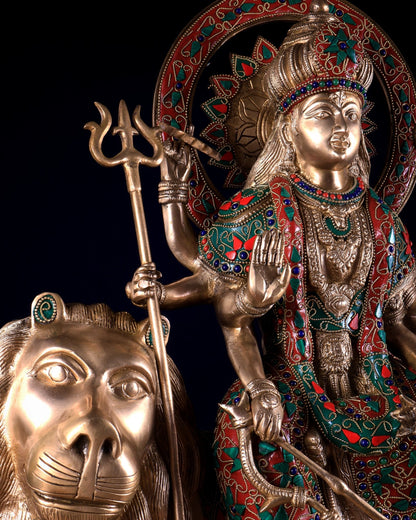 Pure Brass Goddess Durga Statue with floral stone Work - 22 Inch - Budhshiv.com