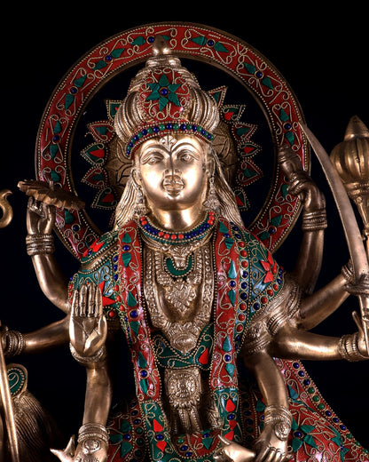 Pure Brass Goddess Durga Statue with floral stone Work - 22 Inch - Budhshiv.com