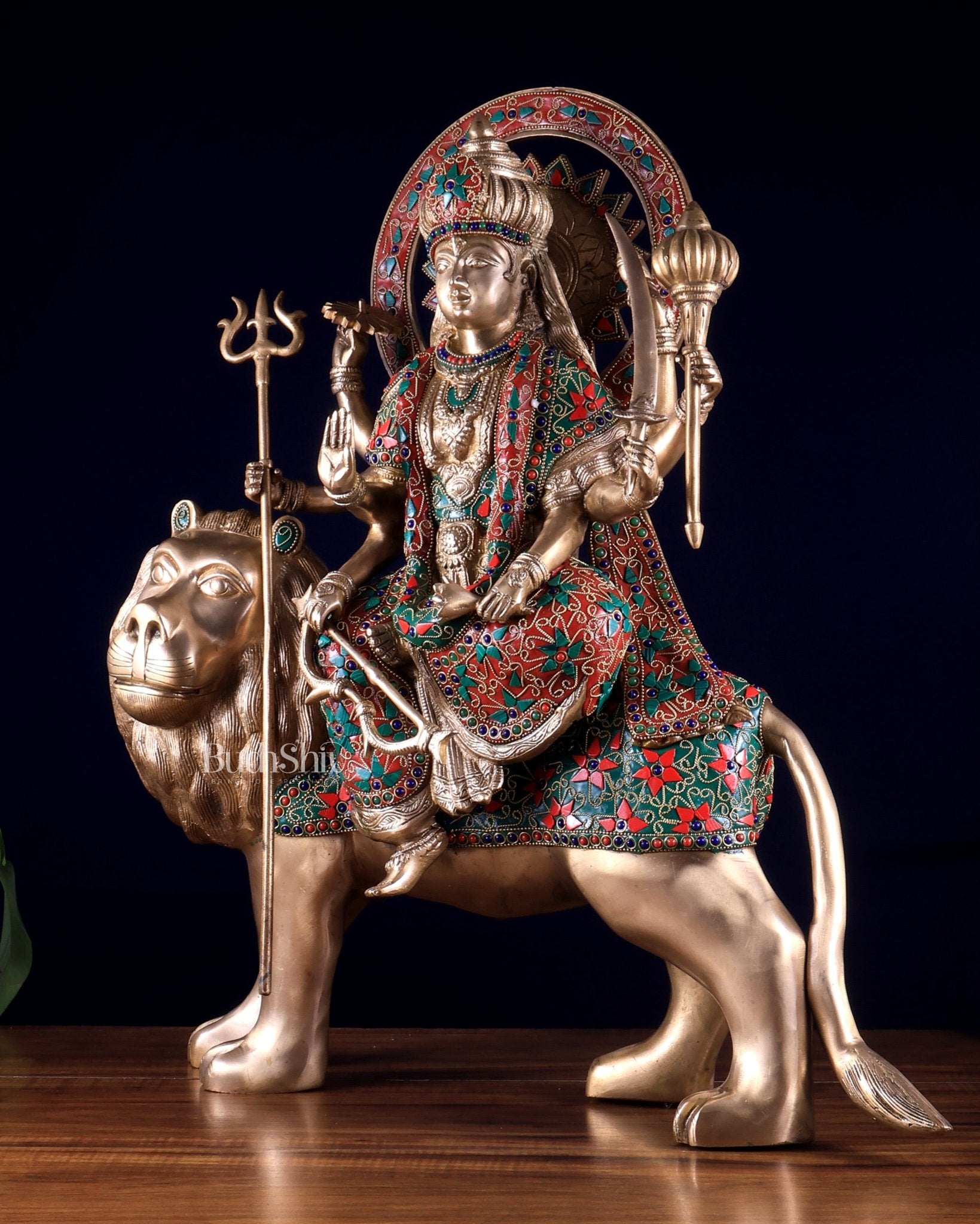 Pure Brass Goddess Durga Statue with floral stone Work - 22 Inch - Budhshiv.com