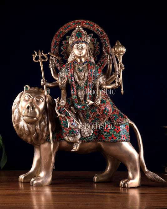 Pure Brass Goddess Durga Statue with floral stone Work - 22 Inch - Budhshiv.com