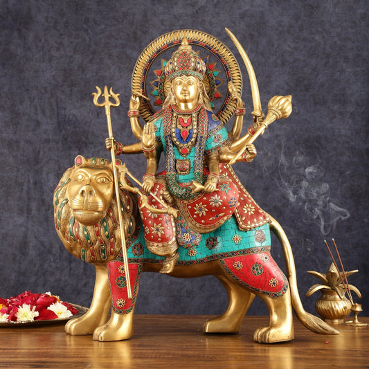 Pure Brass Goddess Durga Statue with Meenakari Work - 22 Inch - Budhshiv.com