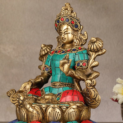 Pure Brass Goddess Green Tara Idol with Nepalese Stonework – 6 Inches - Budhshiv.com