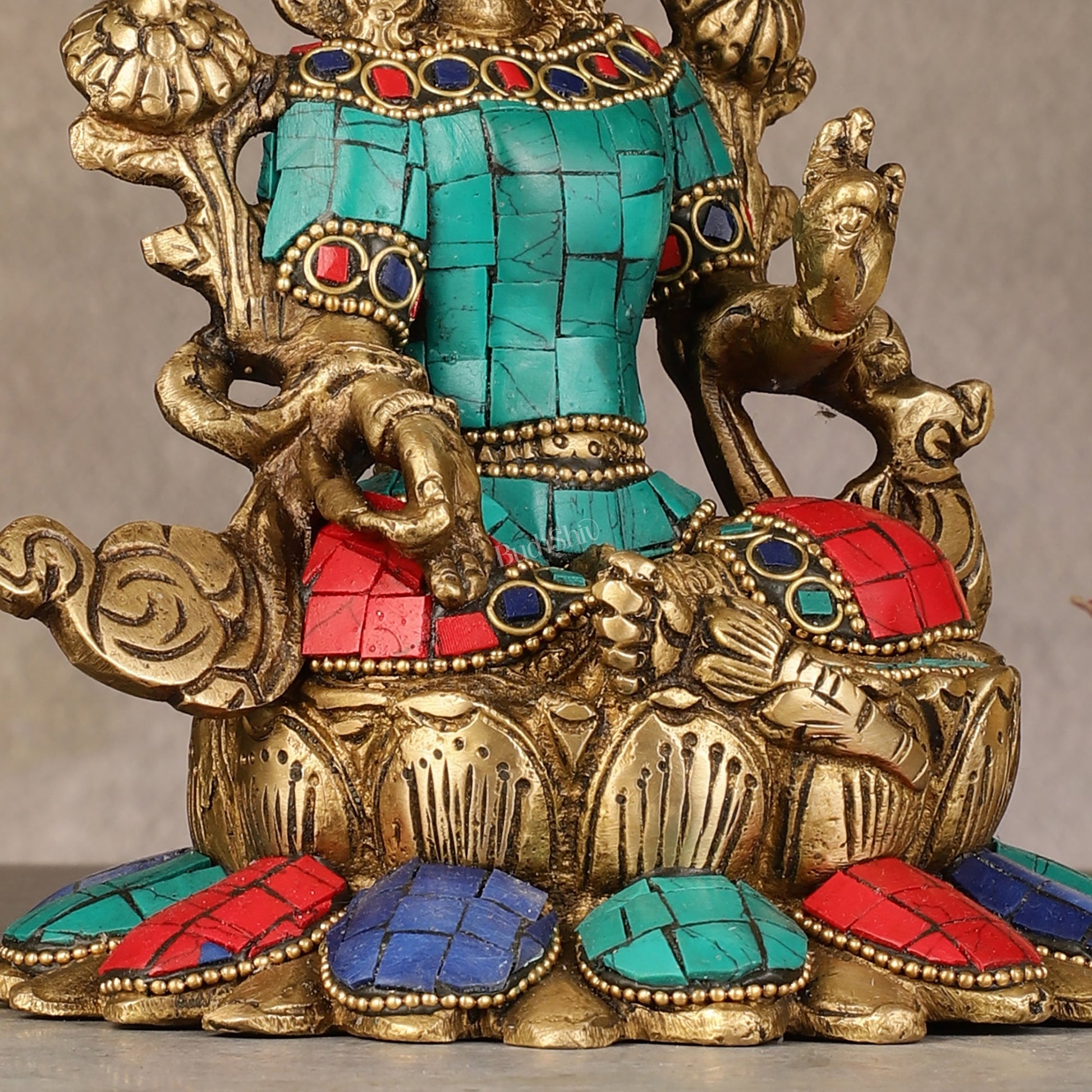 Pure Brass Goddess Green Tara Idol with Nepalese Stonework – 6 Inches - Budhshiv.com