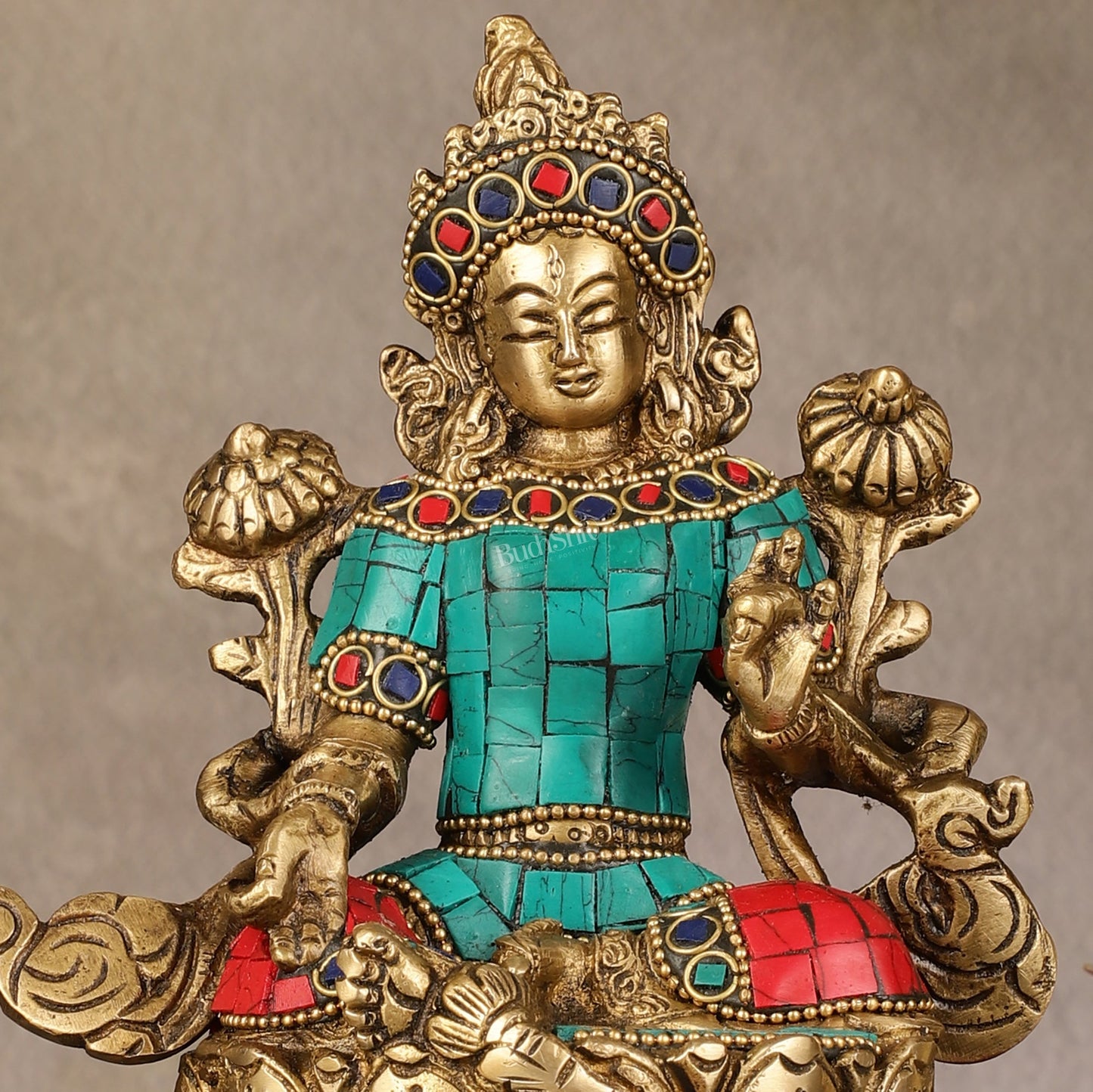 Pure Brass Goddess Green Tara Idol with Nepalese Stonework – 6 Inches - Budhshiv.com