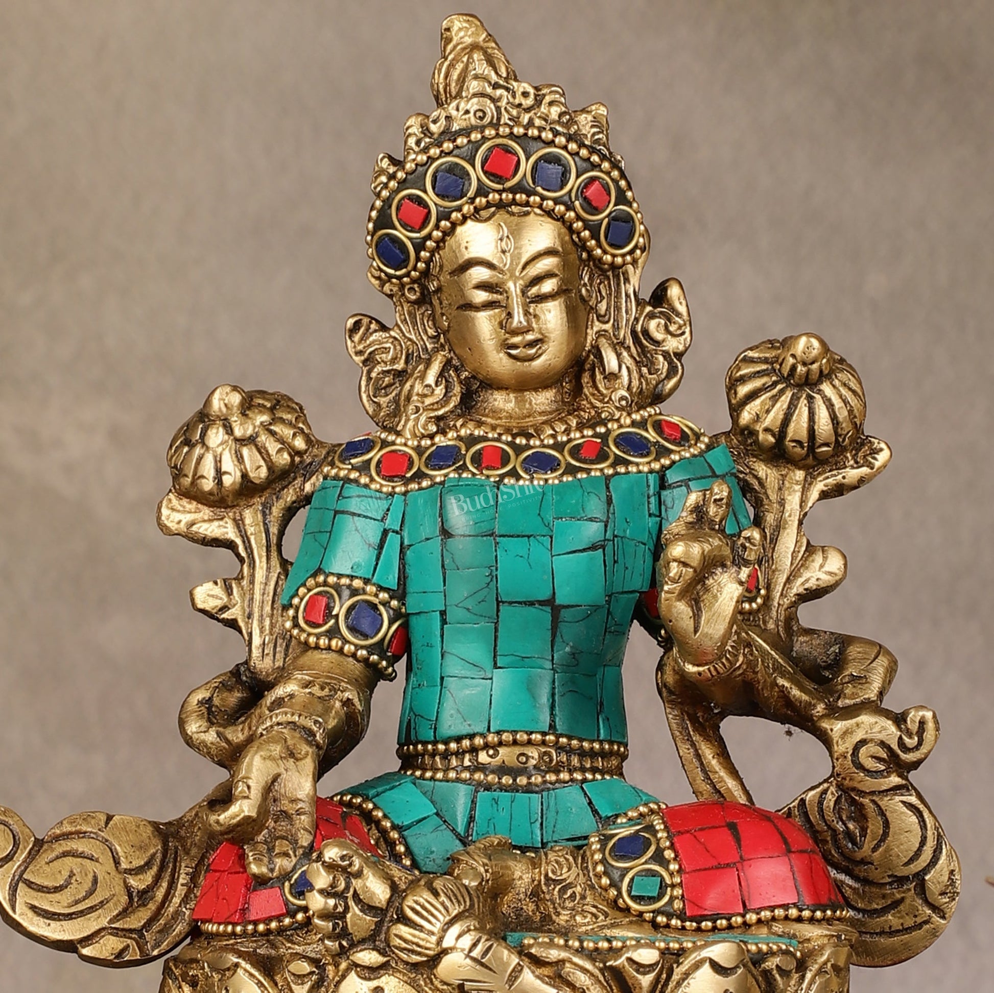 Pure Brass Goddess Green Tara Idol with Nepalese Stonework – 6 Inches - Budhshiv.com