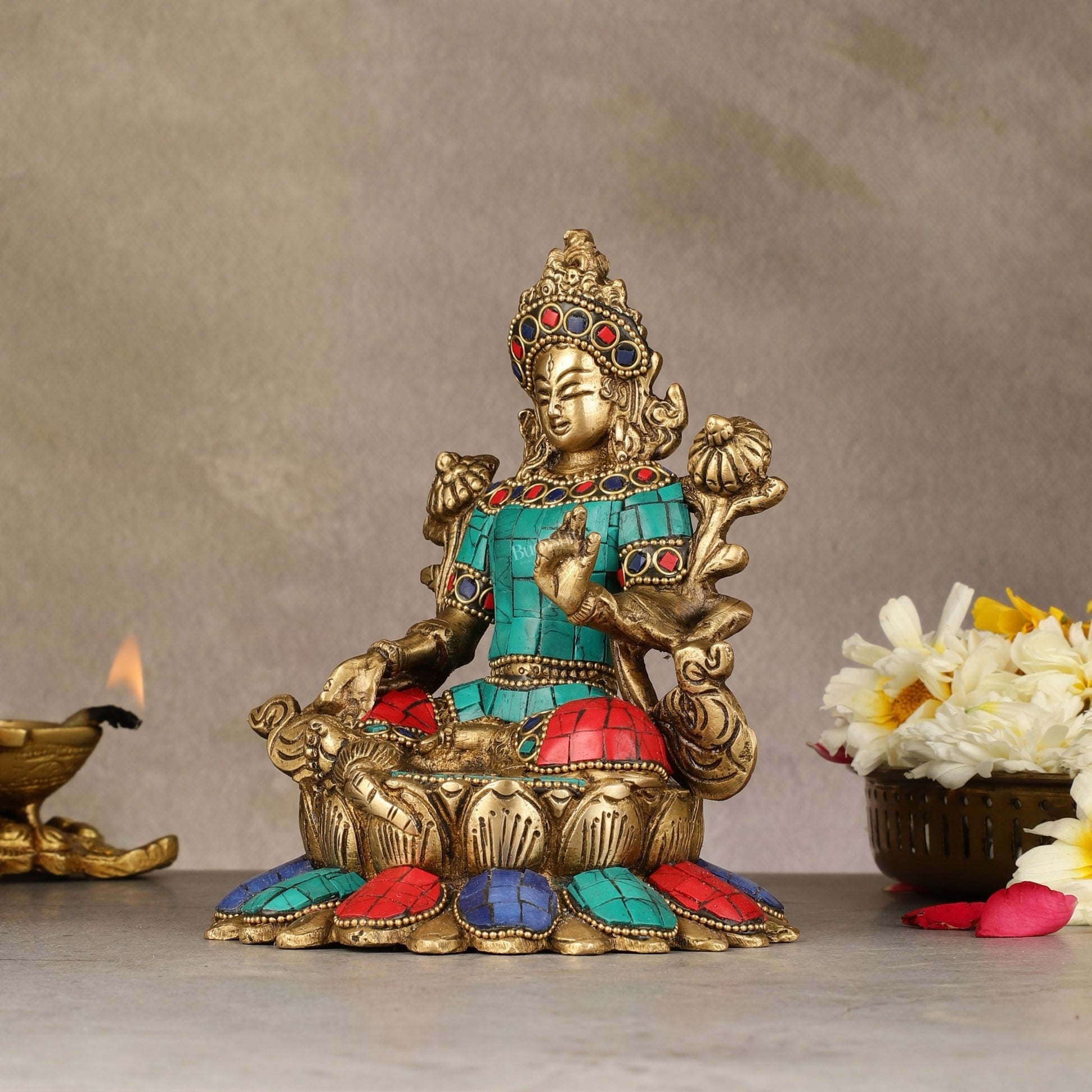 Pure Brass Goddess Green Tara Idol with Nepalese Stonework – 6 Inches - Budhshiv.com