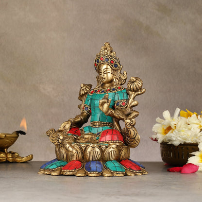 Pure Brass Goddess Green Tara Idol with Nepalese Stonework – 6 Inches - Budhshiv.com