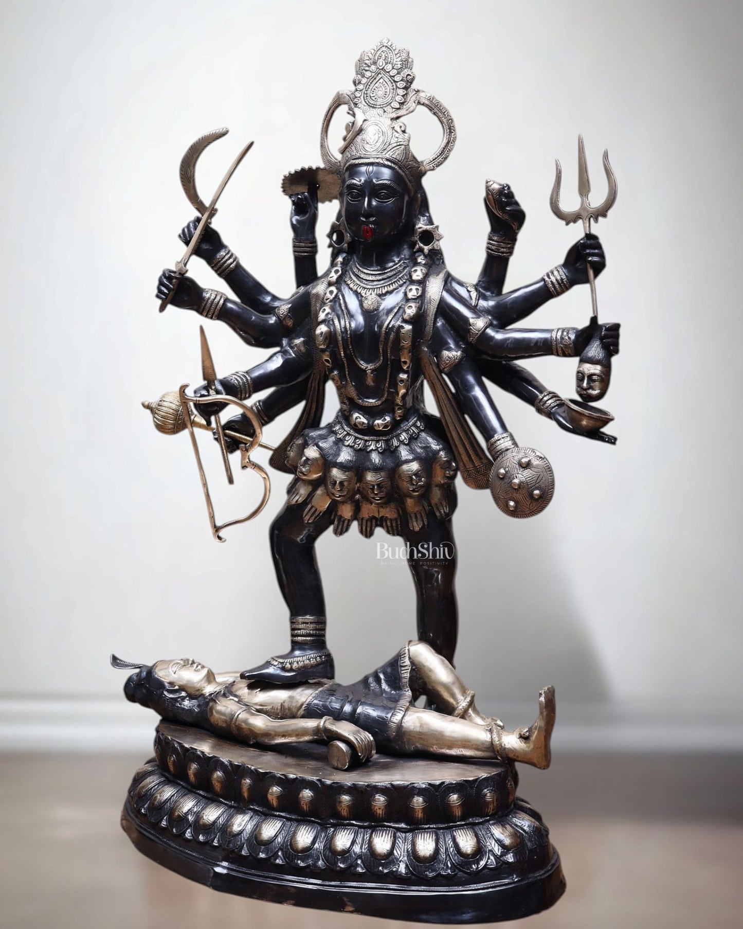 Pure Brass Goddess Kali Dashabhuja (10 Arms) Statue – 43" Black Edition | 64 kg - Budhshiv.com