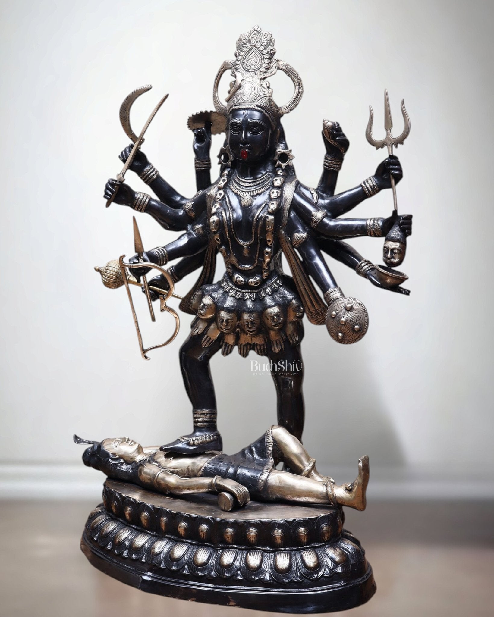 Pure Brass Goddess Kali Dashabhuja (10 Arms) Statue – 43" Black Edition | 64 kg - Budhshiv.com