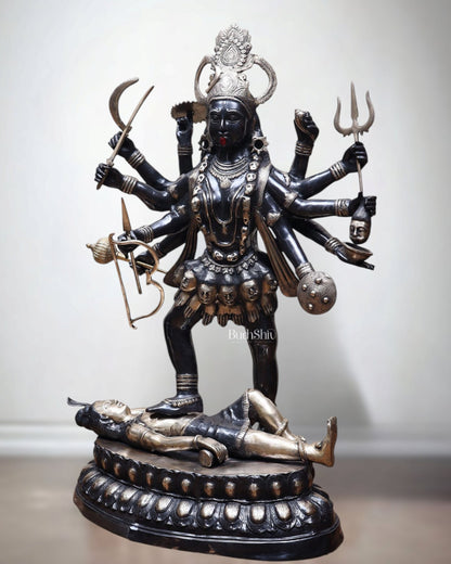 Pure Brass Goddess Kali Dashabhuja (10 Arms) Statue – 43" Black Edition | 64 kg - Budhshiv.com