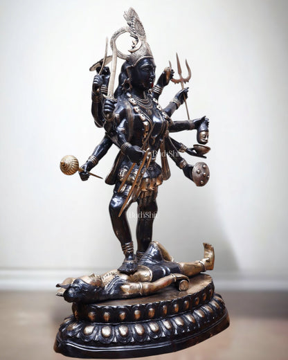 Pure Brass Goddess Kali Dashabhuja (10 Arms) Statue – 43" Black Edition | 64 kg - Budhshiv.com