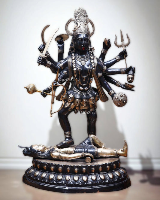 Pure Brass Goddess Kali Dashabhuja (10 Arms) Statue – 43" Black Edition | 64 kg - Budhshiv.com