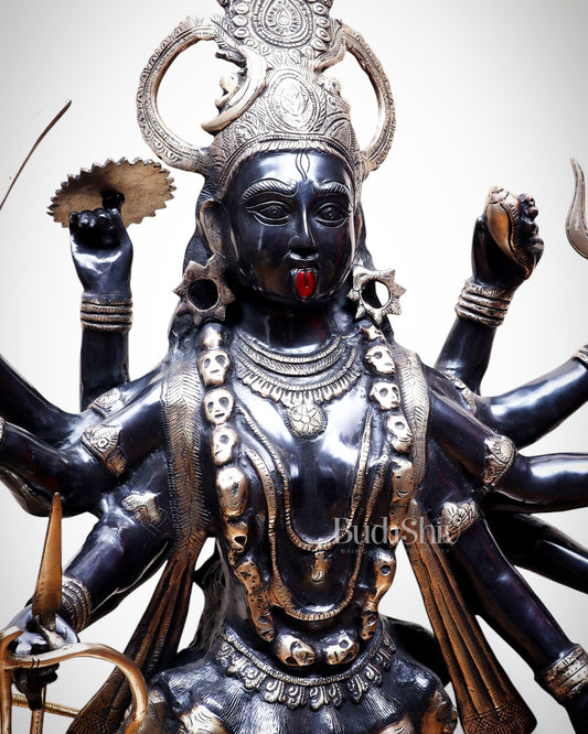 Pure Brass Goddess Kali Dashabhuja (10 Arms) Statue – 43" Black Edition | 64 kg - Budhshiv.com