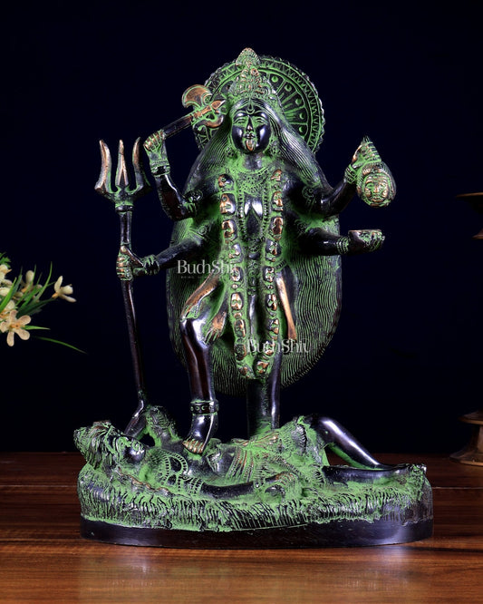 Pure Brass Goddess Kali Four - Armed Charbhuja Statue – Black Green Patina Finish 10.5 inch - Budhshiv.com