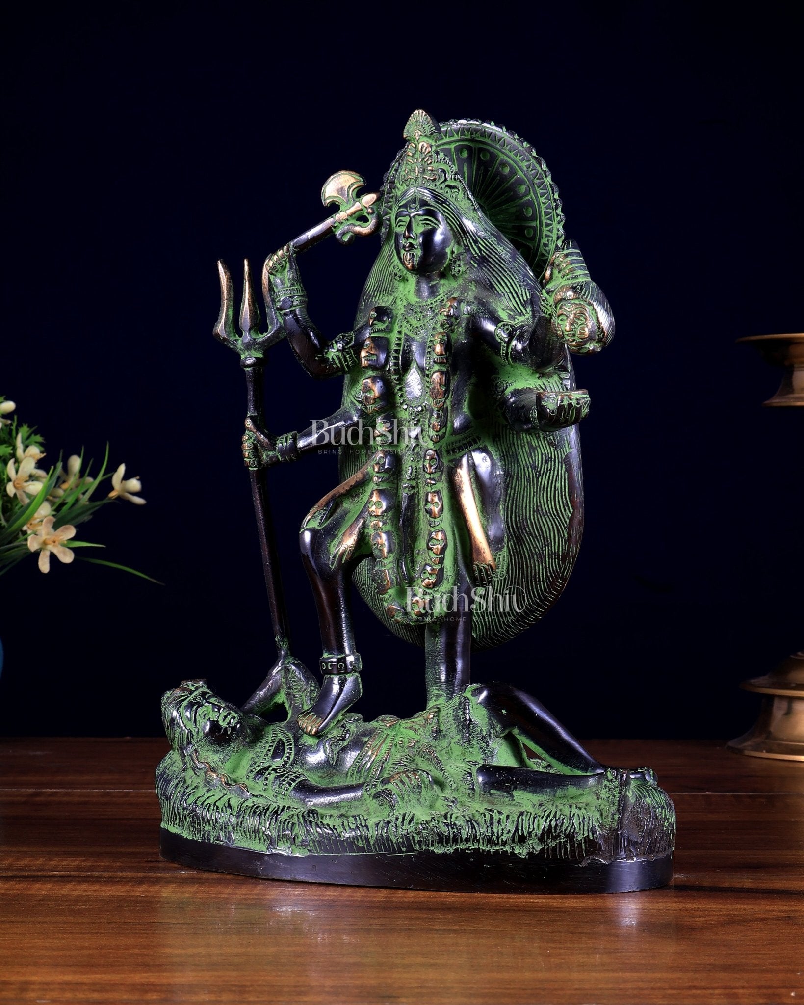 Pure Brass Goddess Kali Four - Armed Charbhuja Statue – Black Green Patina Finish 10.5 inch - Budhshiv.com