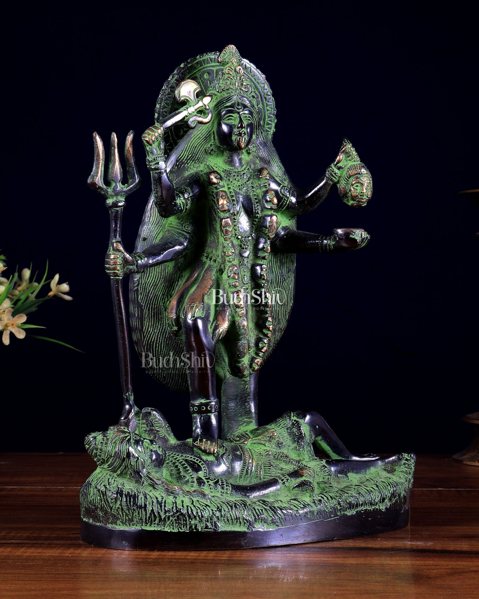 Pure Brass Goddess Kali Four - Armed Charbhuja Statue – Black Green Patina Finish 10.5 inch - Budhshiv.com