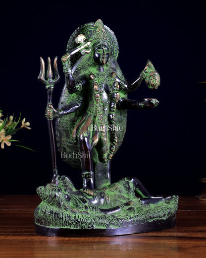 Pure Brass Goddess Kali Four - Armed Charbhuja Statue – Black Green Patina Finish 10.5 inch - Budhshiv.com