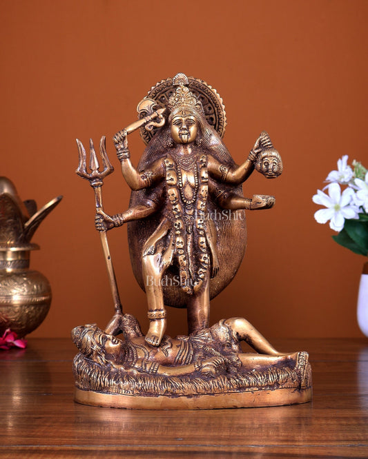 Pure Brass Goddess Kali Four - Armed Charbhuja Statue Burnt brass tone 10.5 inch - Budhshiv.com