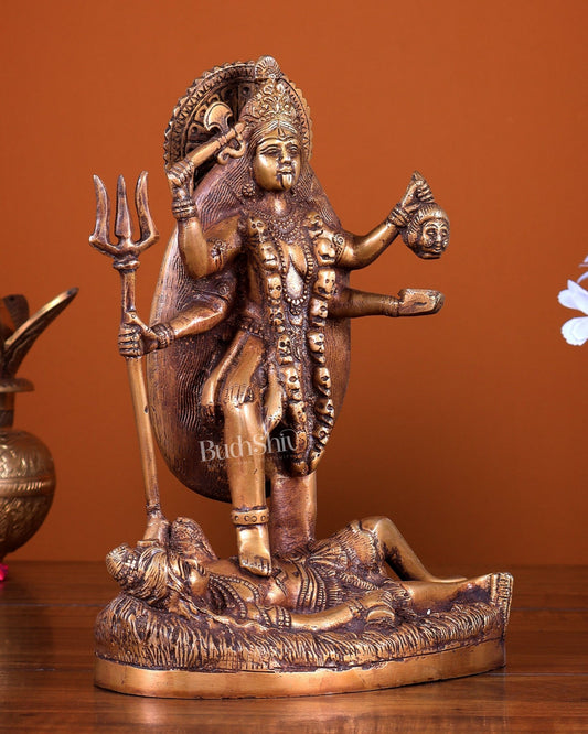 Pure Brass Goddess Kali Four - Armed Charbhuja Statue Burnt brass tone 10.5 inch - Budhshiv.com
