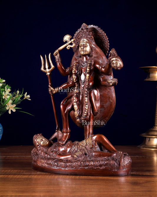Pure Brass Goddess Kali Four - Armed Charbhuja Statue – Chola Finish 10.5 inch - Budhshiv.com