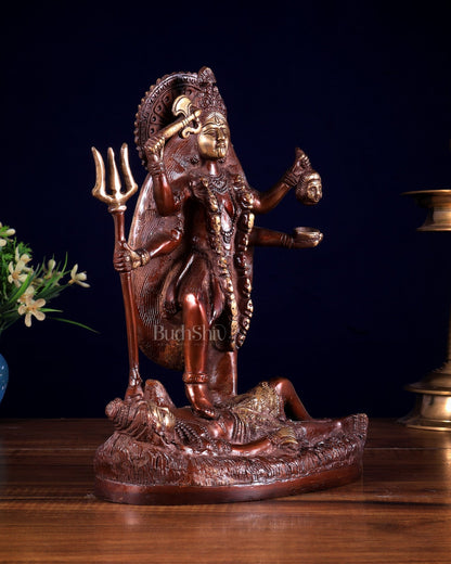 Pure Brass Goddess Kali Four - Armed Charbhuja Statue – Chola Finish 10.5 inch - Budhshiv.com