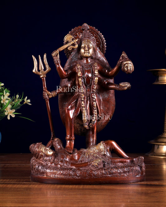 Pure Brass Goddess Kali Four - Armed Charbhuja Statue – Chola Finish 10.5 inch - Budhshiv.com