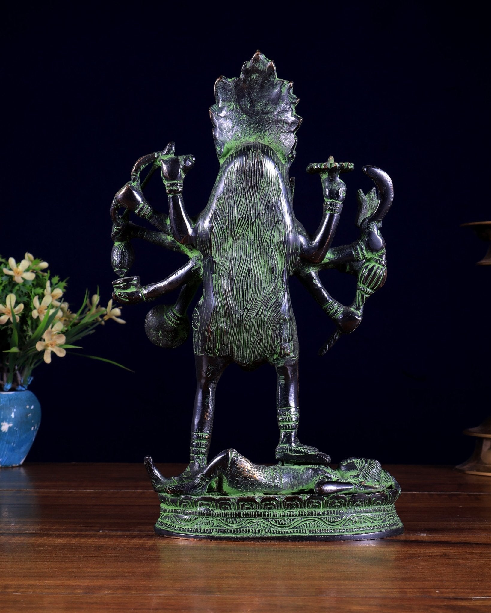 Pure Brass Goddess Kali Statue black and green 10.5 inch - Budhshiv.com