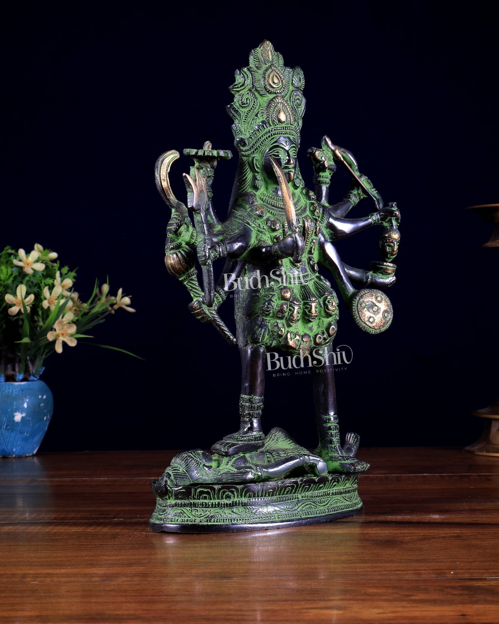Pure Brass Goddess Kali Statue black and green 10.5 inch - Budhshiv.com