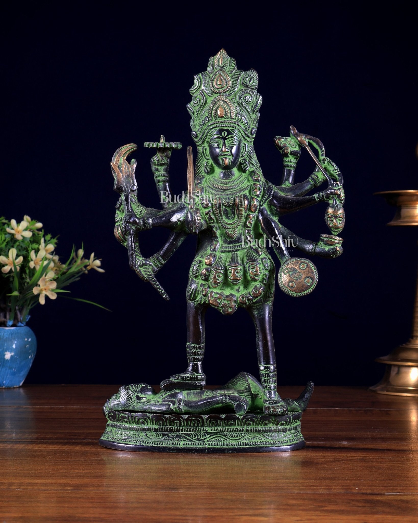 Pure Brass Goddess Kali Statue black and green 10.5 inch - Budhshiv.com