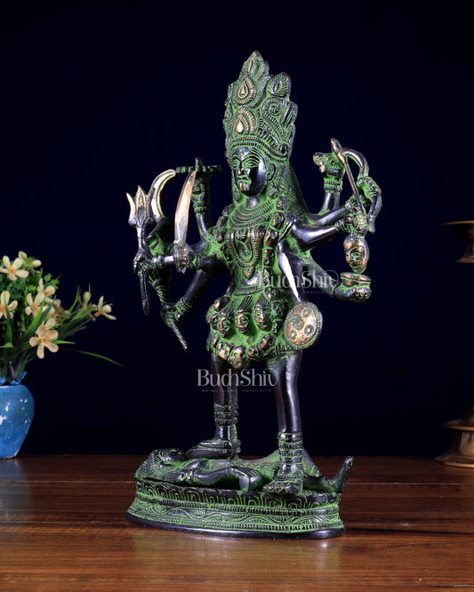 Pure Brass Goddess Kali Statue black and green 10.5 inch - Budhshiv.com