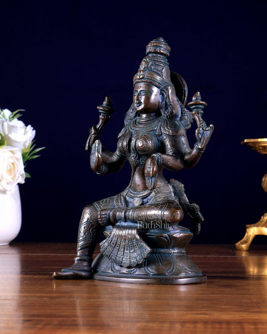 Pure Brass Goddess Lakshmi Idol – Antique Bronze Finish 7.8 inch - Budhshiv.com