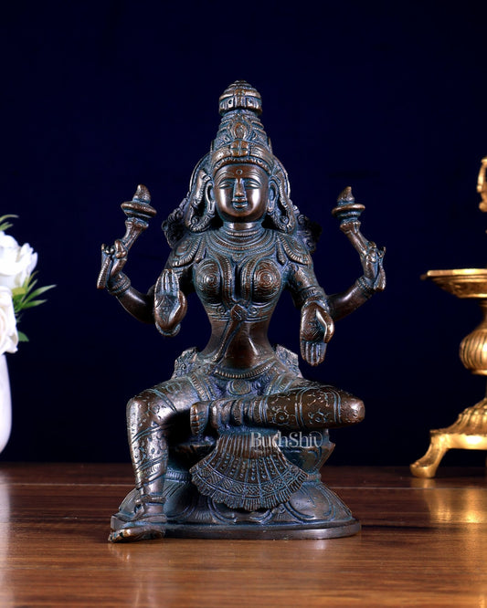 Pure Brass Goddess Lakshmi Idol – Antique Bronze Finish 7.8 inch - Budhshiv.com