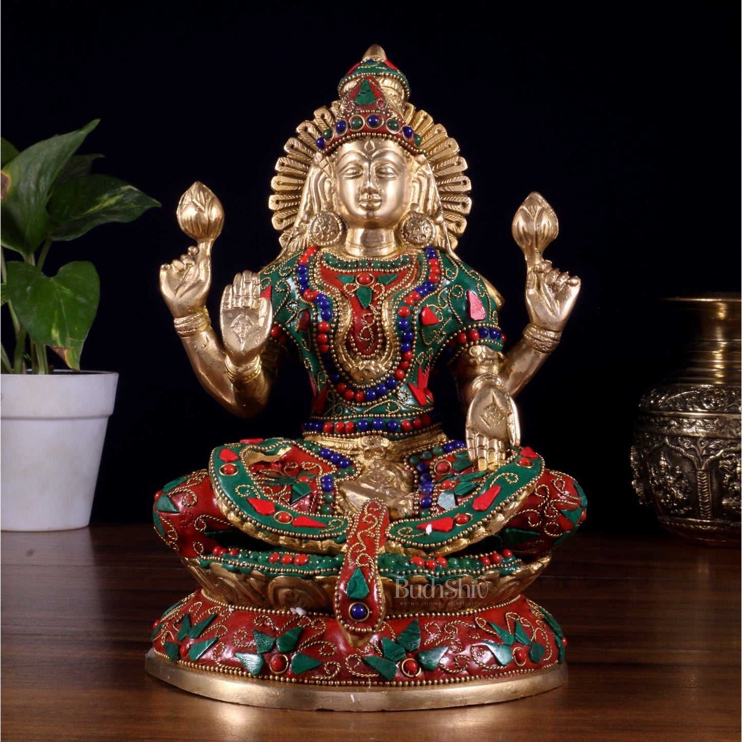Pure Brass Goddess Lakshmi Idol – Intricate Floral Stonework 9 Inch - Budhshiv.com