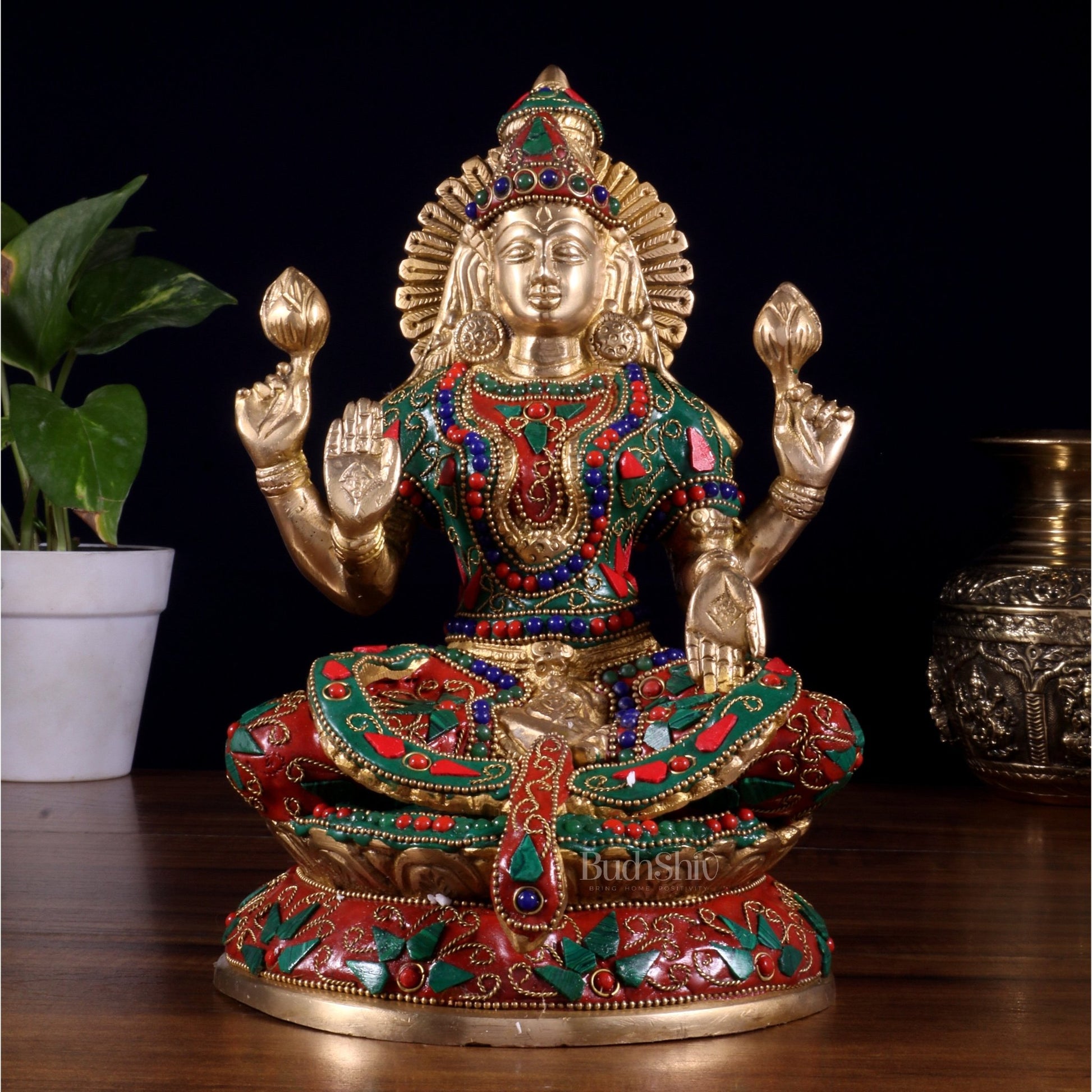 Pure Brass Goddess Lakshmi Idol – Intricate Floral Stonework 9 Inch - Budhshiv.com